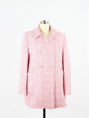 ZARA Pink White Check Cotton Tweed Double Breasted Peacoat Coat Jacket, Size M